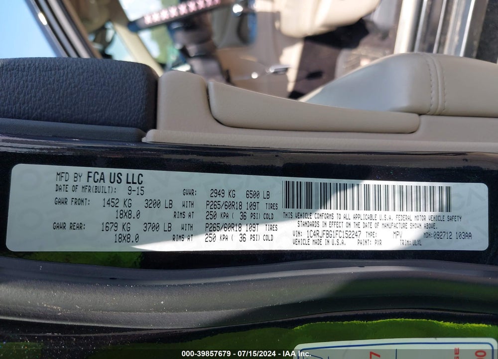 2015 JEEP GRAND CHEROKEE LIMITED VIN: 1C4RJFBG1FC152247