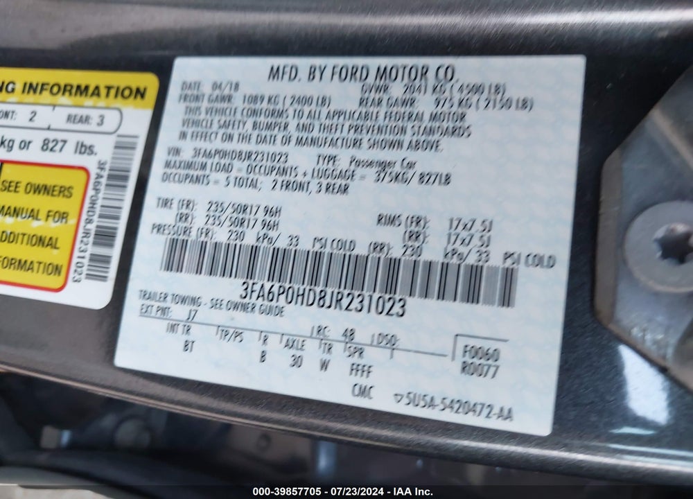 2018 FORD FUSION SE VIN: 3FA6P0HD8JR231023