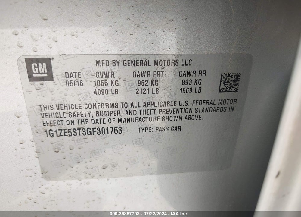 2016 CHEVROLET MALIBU 1LT VIN: 1G1ZE5ST3GF301763
