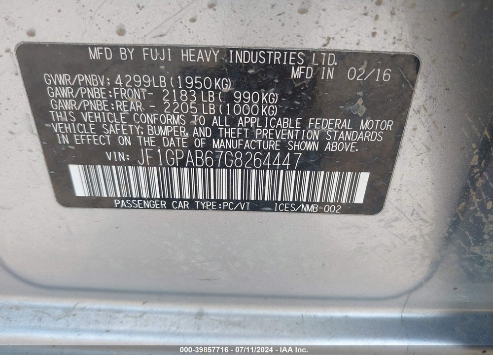 2016 SUBARU IMPREZA 2.0I PREMIUM VIN: JF1GPAB67G8264447