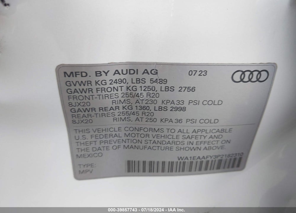 2023 AUDI Q5 PREMIUM PLUS 45 TFSI S LINE QUATTRO VIN: WA1EAAFY3P2182310