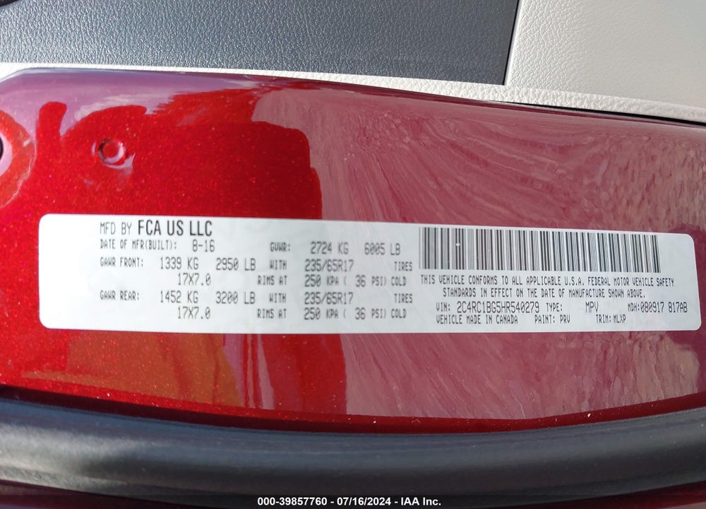 2017 CHRYSLER PACIFICA TOURING L VIN: 2C4RC1BG5HR540279