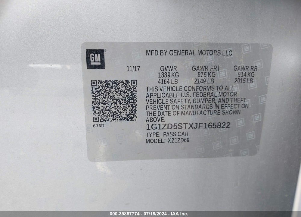 2018 CHEVROLET MALIBU LT VIN: 1G1ZD5STXJF165822