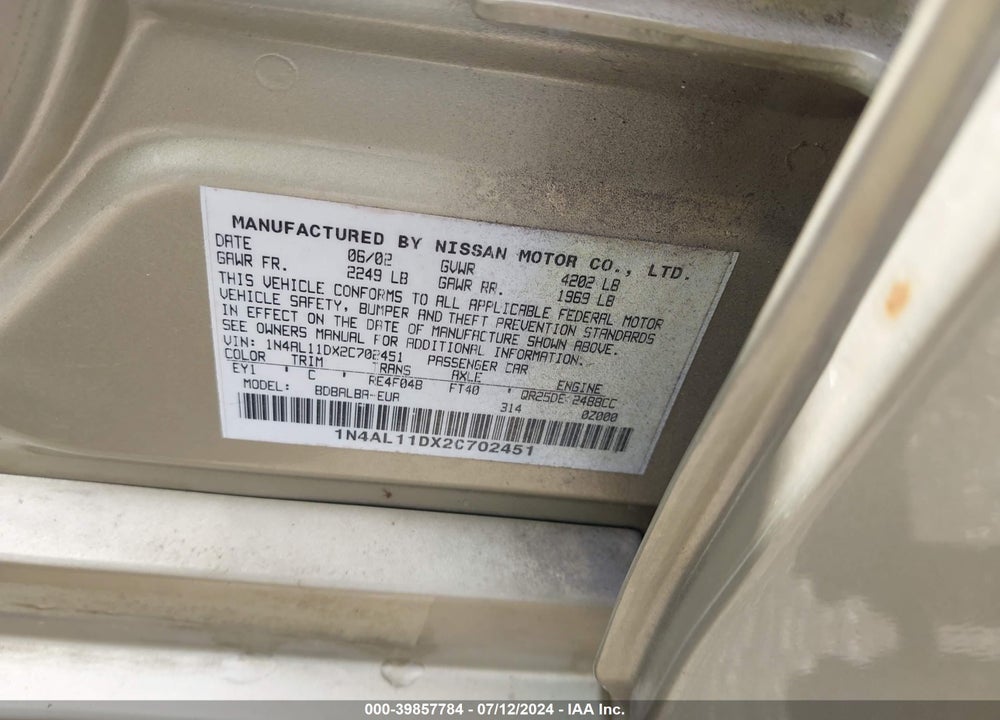 2002 NISSAN ALTIMA 2.5 S VIN: 1N4AL11DX2C702451