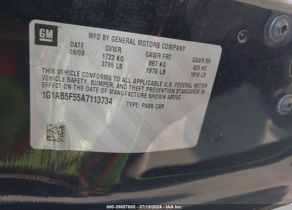 2010 CHEVROLET COBALT LS VIN: 1G1AB5F55A7113734