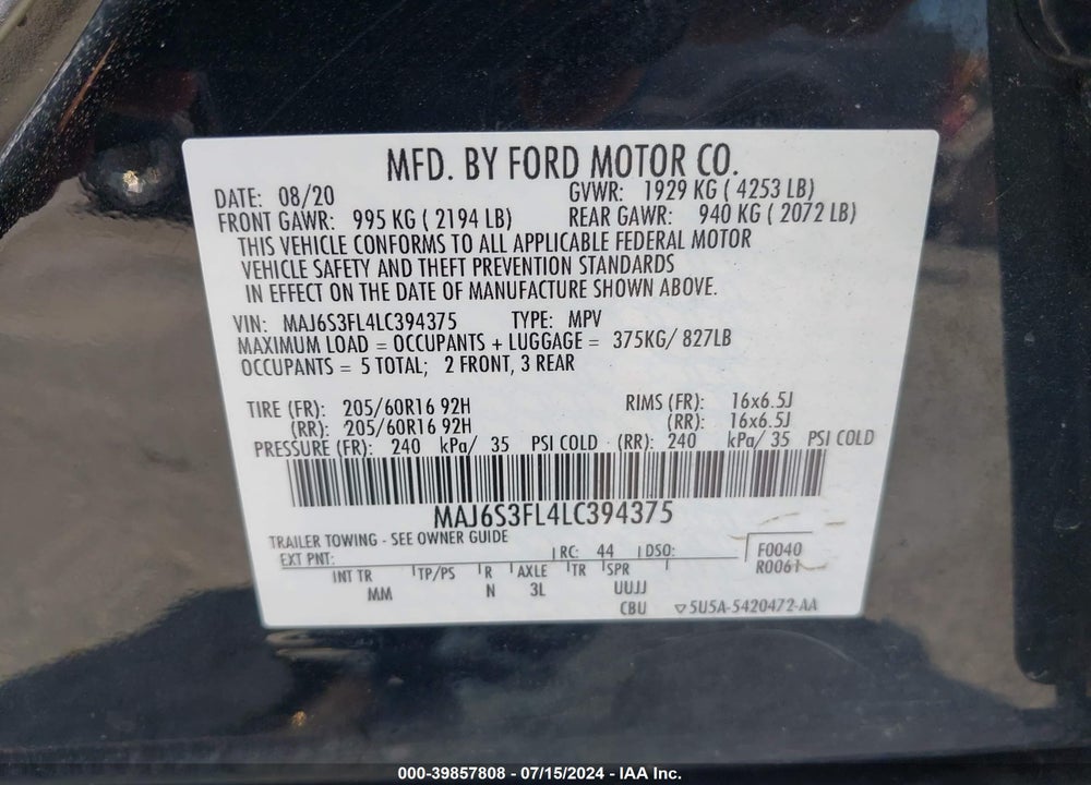 2020 FORD ECOSPORT S VIN: MAJ6S3FL4LC394375
