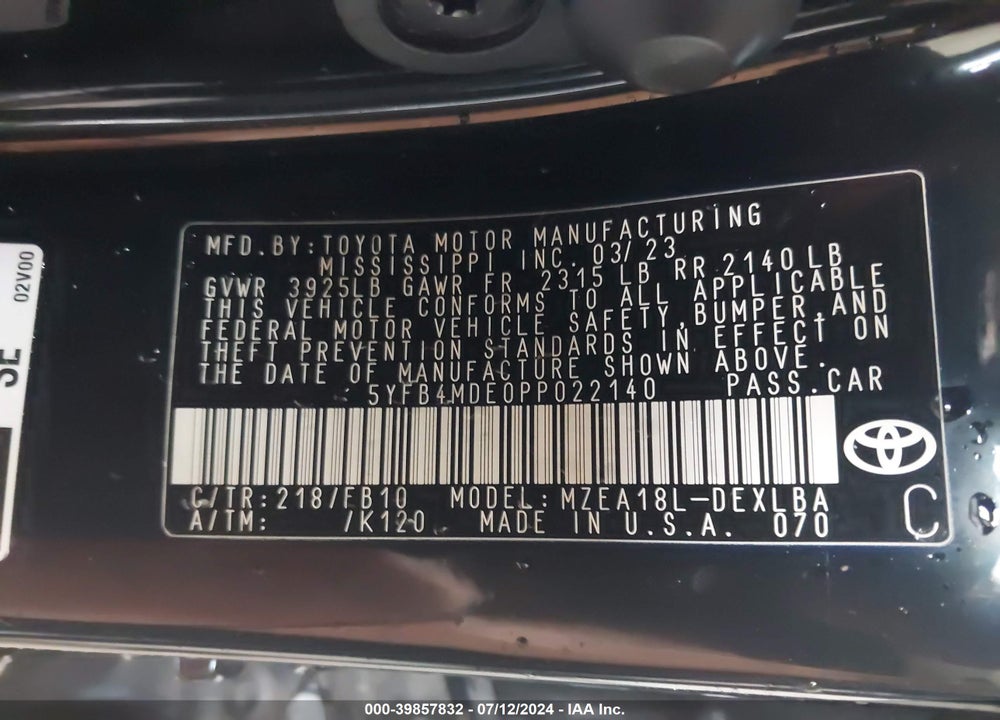 2023 TOYOTA COROLLA LE VIN: 5YFB4MDE0PP022140