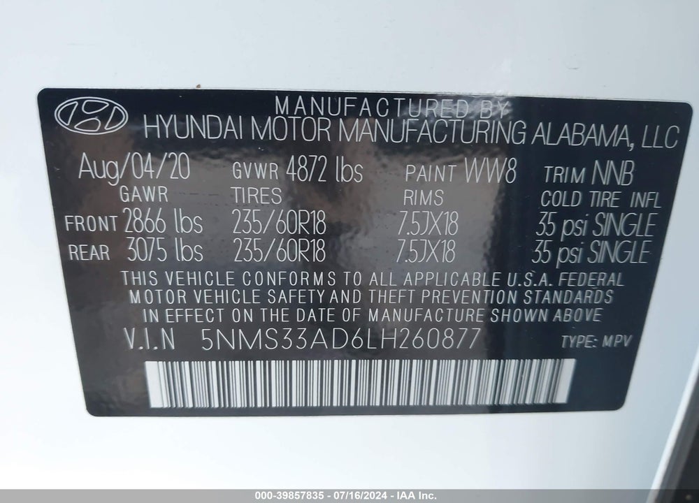 2020 HYUNDAI SANTA FE SEL VIN: 5NMS33AD6LH260877