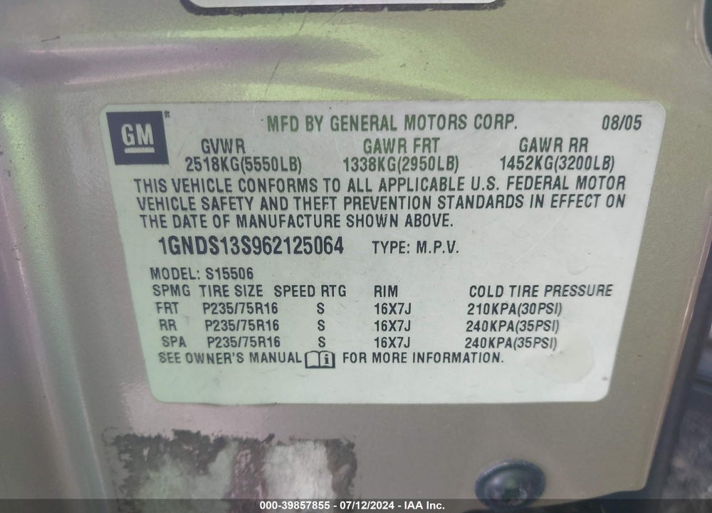 2006 CHEVROLET TRAILBLAZER LS VIN: 1GNDS13S962125064