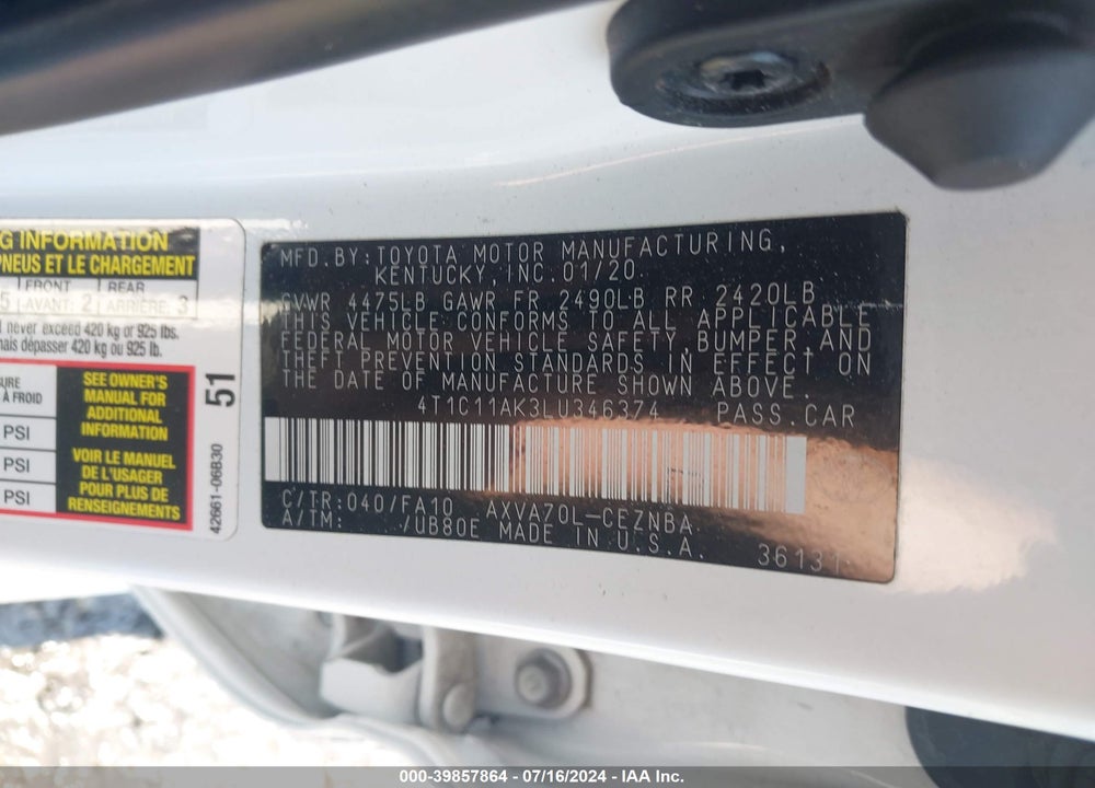 2020 TOYOTA CAMRY LE VIN: 4T1C11AK3LU346374