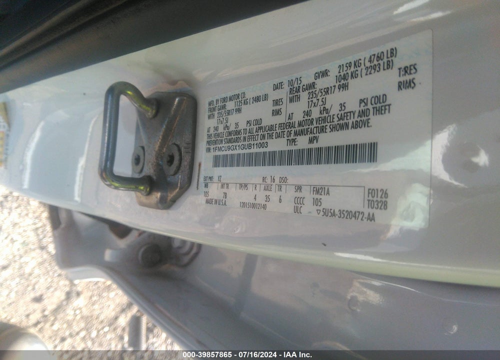 2016 FORD ESCAPE SE VIN: 1FMCU9GX1GUB11003