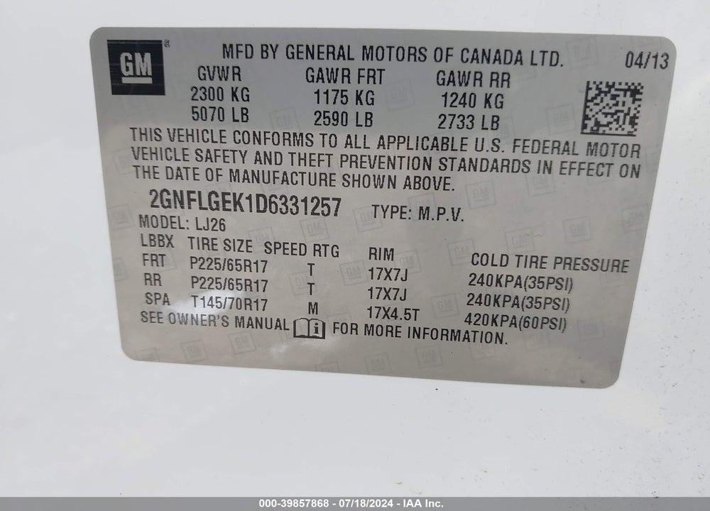 2013 CHEVROLET EQUINOX LTZ VIN: 2GNFLGEK1D6331257