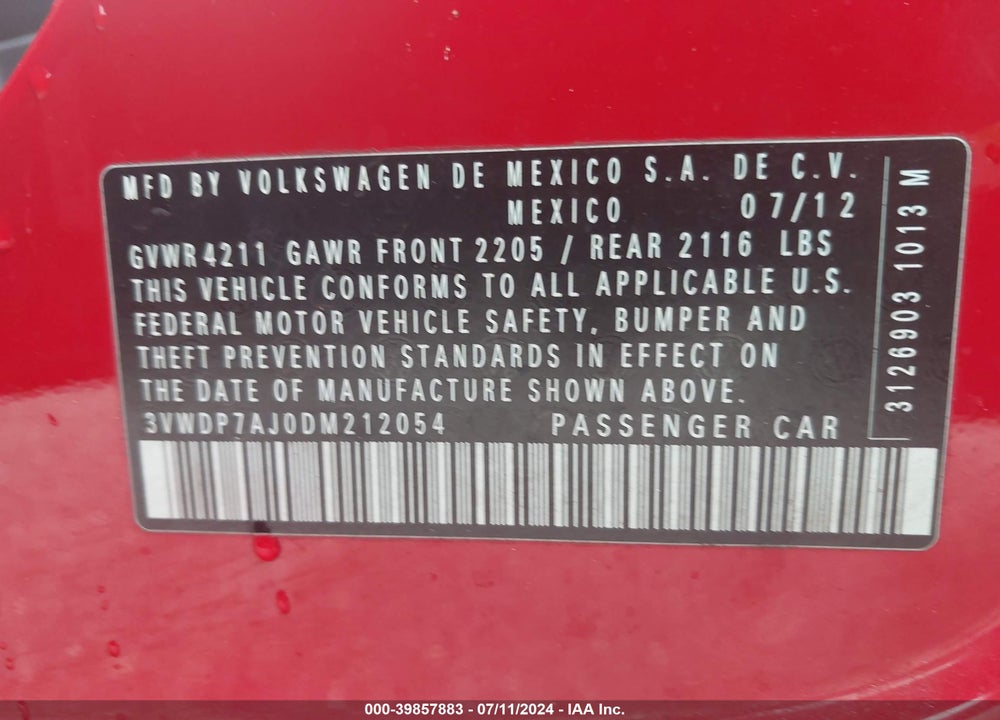 2013 VOLKSWAGEN JETTA 2.5L SE VIN: 3VWDP7AJ0DM212054