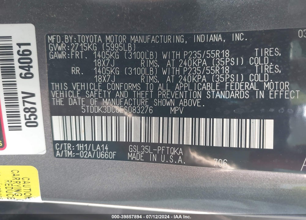 2014 TOYOTA SIENNA LIMITED 7 PASSENGER VIN: 5TDDK3DC6ES083276