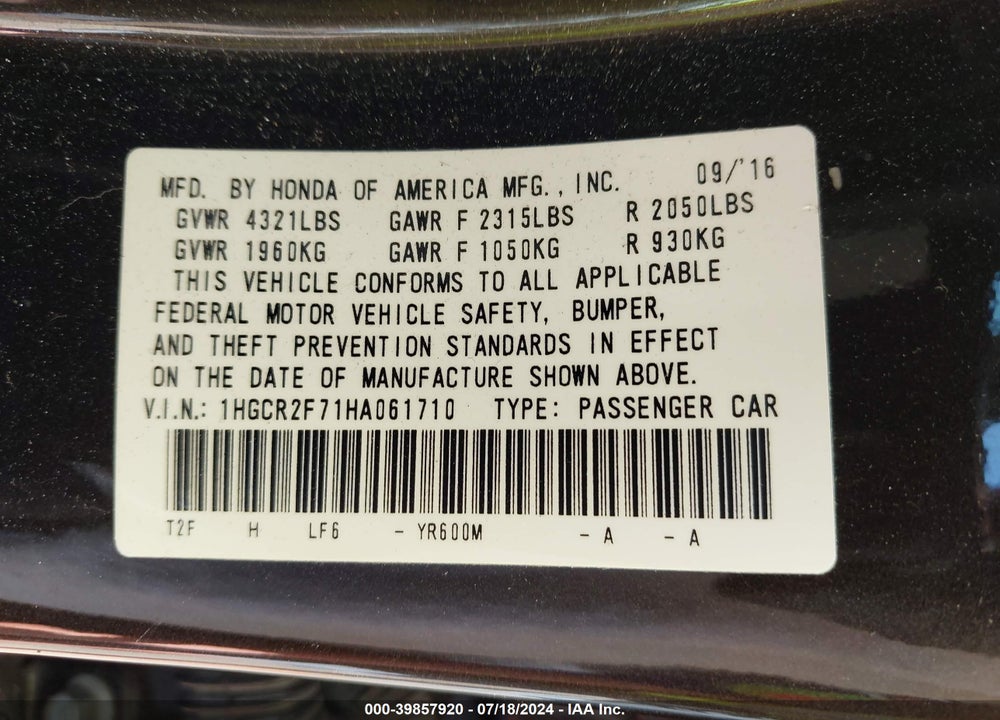 2017 HONDA ACCORD EX VIN: 1HGCR2F71HA061710