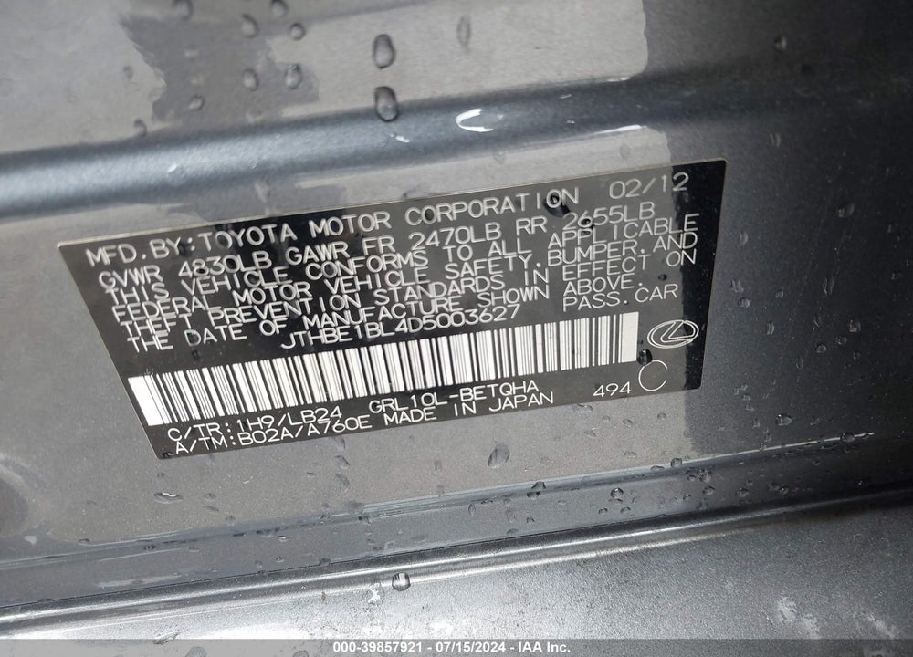2013 LEXUS GS 350 VIN: JTHBE1BL4D5003627