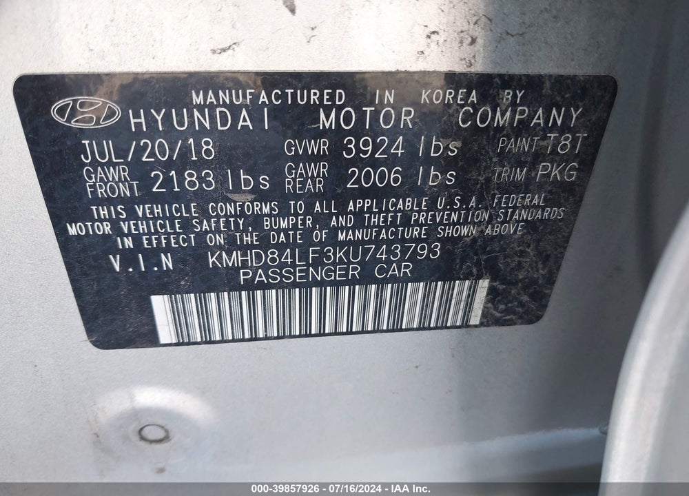 2019 HYUNDAI ELANTRA SEL VIN: KMHD84LF3KU743793