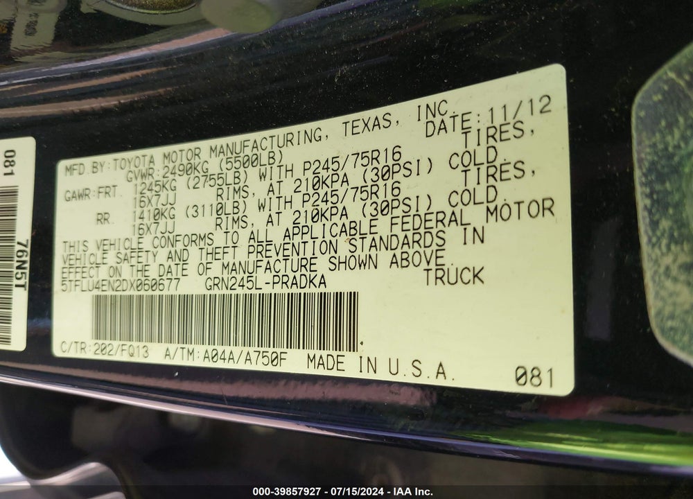 2013 TOYOTA TACOMA BASE V6 VIN: 5TFLU4EN2DX060677