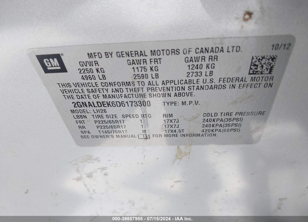 2013 CHEVROLET EQUINOX 1LT VIN: 2GNALDEK6D6173300