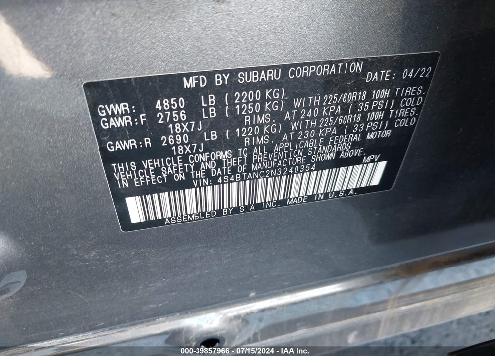 2022 SUBARU OUTBACK LIMITED VIN: 4S4BTANC2N3240354