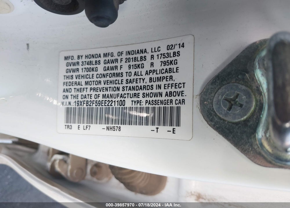 2014 HONDA CIVIC LX VIN: 19XFB2F59EE221100