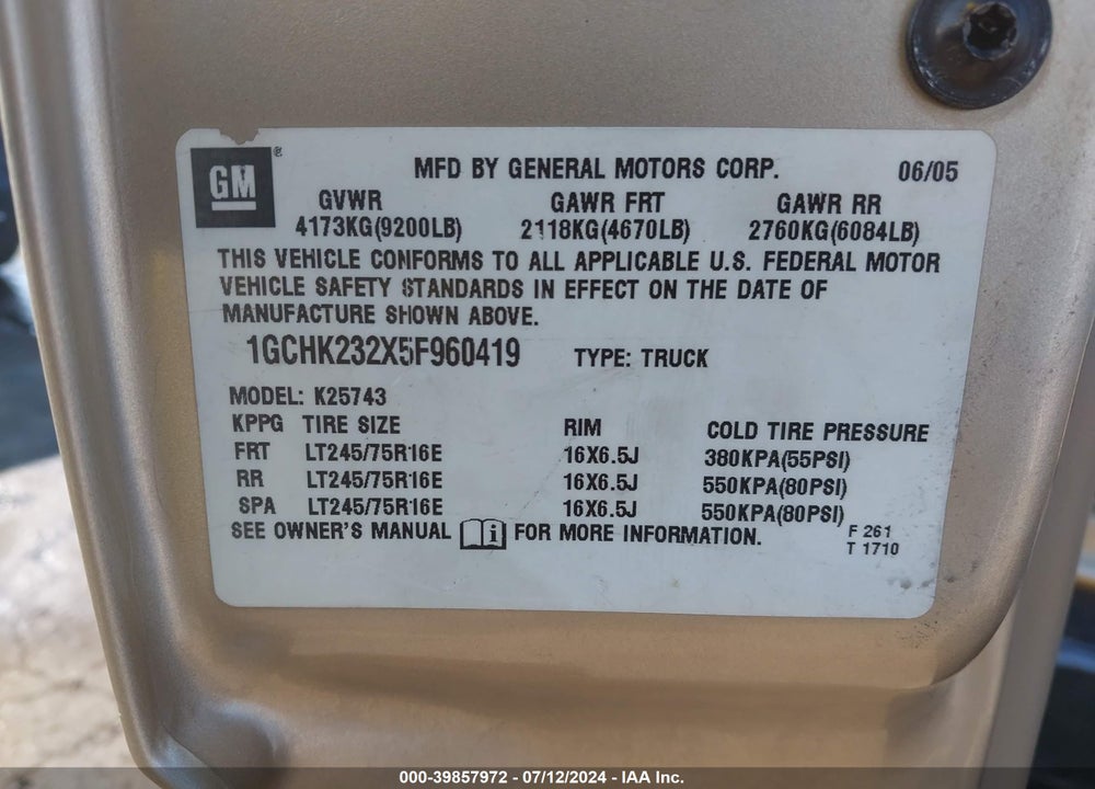 2005 CHEVROLET SILVERADO 2500HD LT VIN: 1GCHK232X5F960419