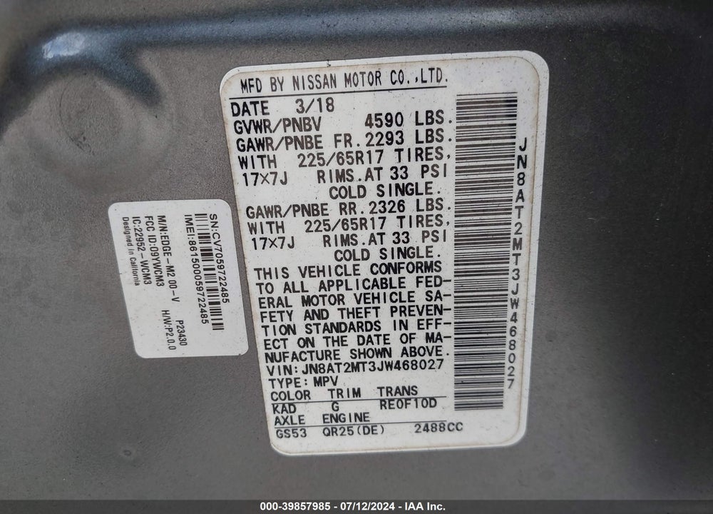 2018 NISSAN ROGUE SV VIN: JN8AT2MT3JW468027