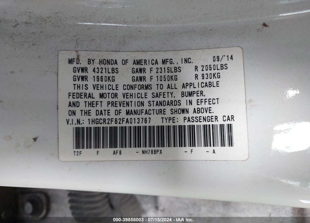 2015 HONDA ACCORD EX-L VIN: 1HGCR2F82FA013767
