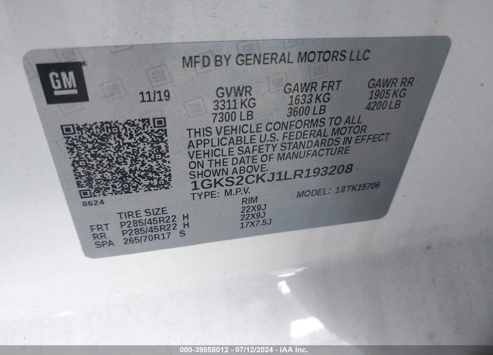2020 GMC YUKON 4WD DENALI VIN: 1GKS2CKJ1LR193208
