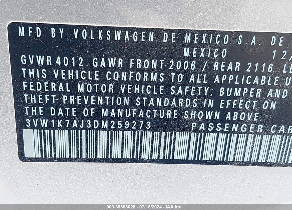 2013 VOLKSWAGEN JETTA 2.0L S VIN: 3VW1K7AJ3DM259273
