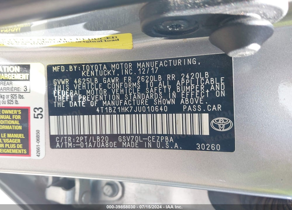 2018 TOYOTA CAMRY XSE V6 VIN: 4T1BZ1HK7JU010640