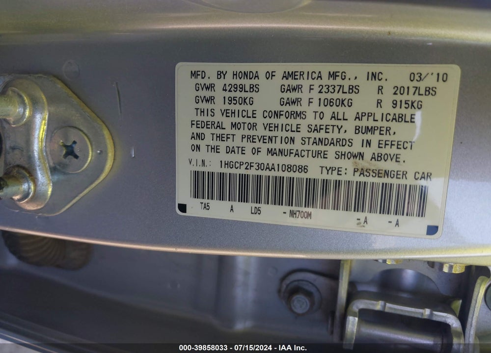 2010 HONDA ACCORD 2.4 LX VIN: 1HGCP2F30AA108086