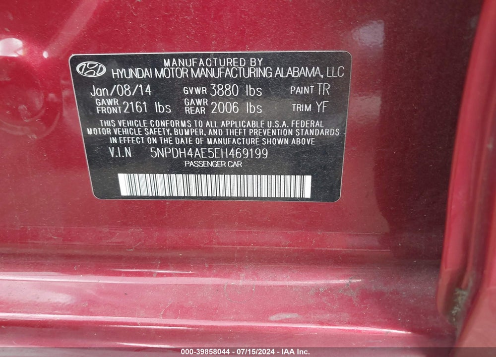 2014 HYUNDAI ELANTRA SE VIN: 5NPDH4AE5EH469199