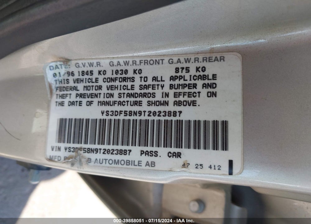 1996 SAAB 900 SE TURBO VIN: YS3DF58N9T2023887