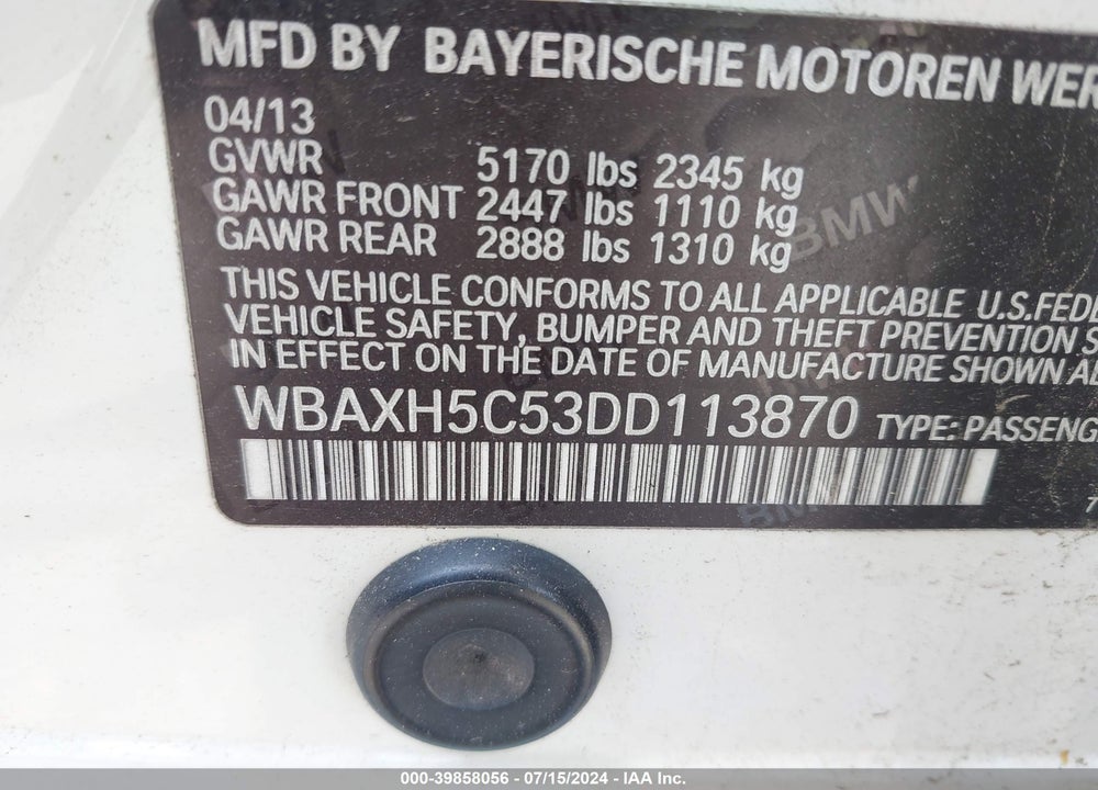 2013 BMW 528I XDRIVE VIN: WBAXH5C53DD113870
