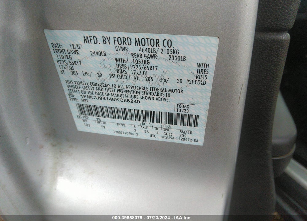 2008 FORD ESCAPE LIMITED VIN: 1FMCU94148KC66240