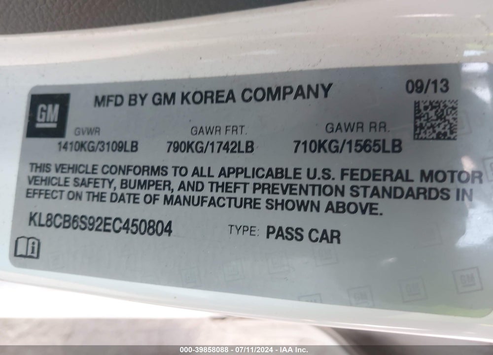2014 CHEVROLET SPARK LS AUTO VIN: KL8CB6S92EC450804