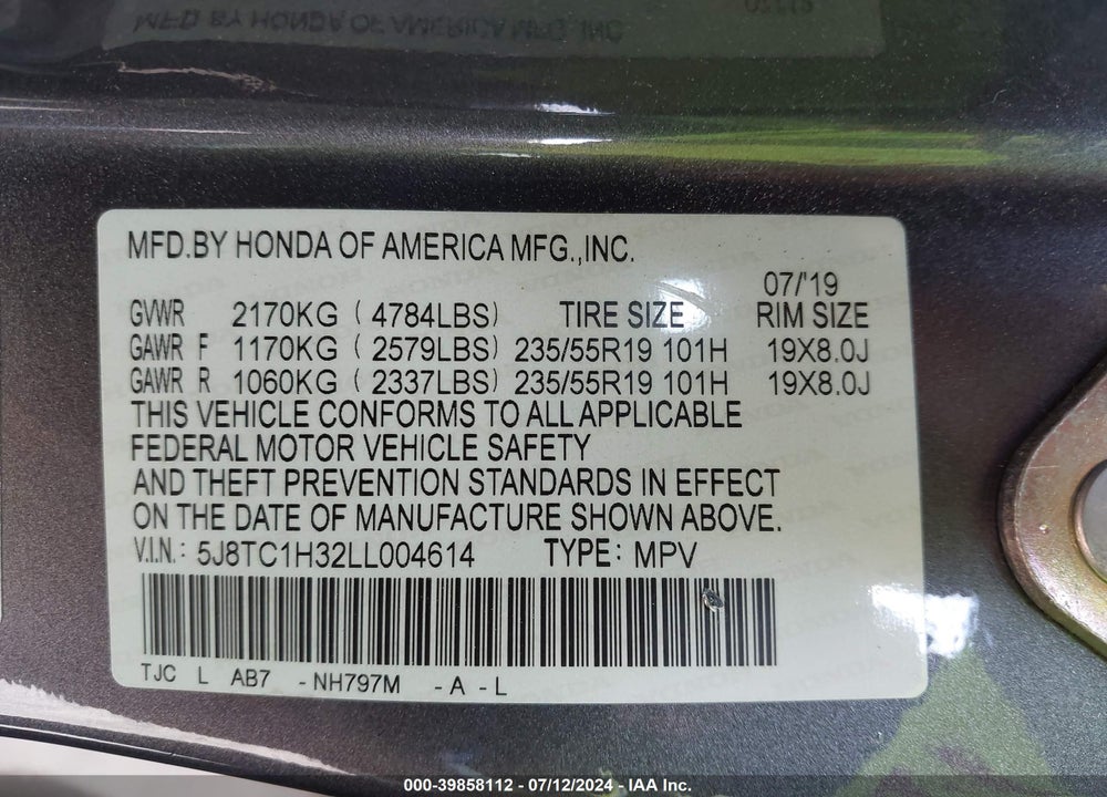 2020 ACURA RDX STANDARD VIN: 5J8TC1H32LL004614
