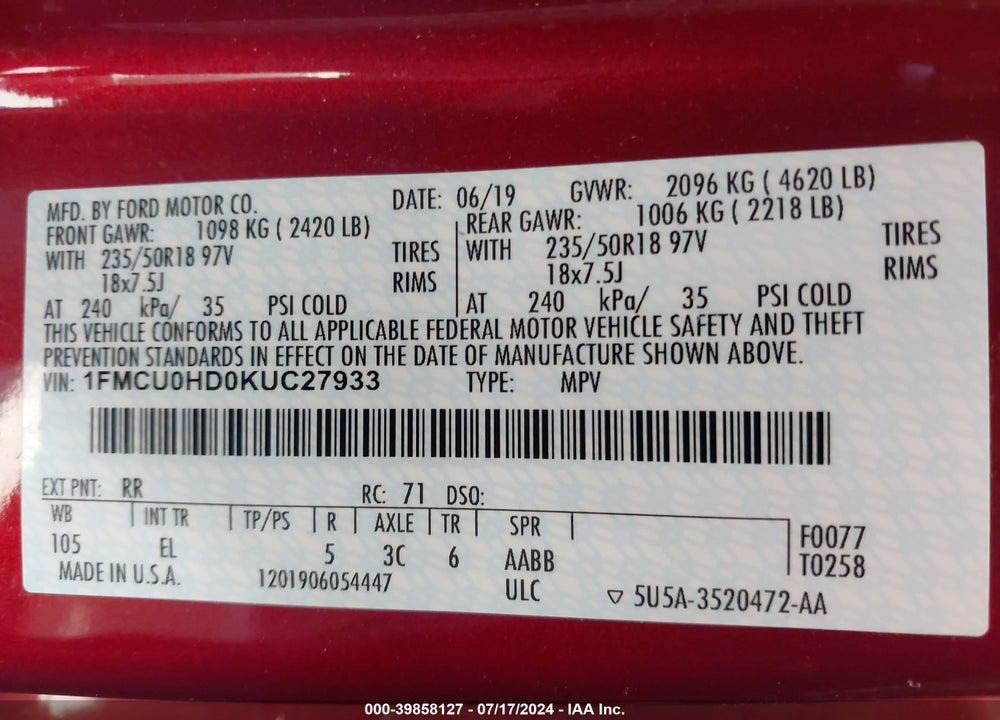 2019 FORD ESCAPE SEL VIN: 1FMCU0HD0KUC27933