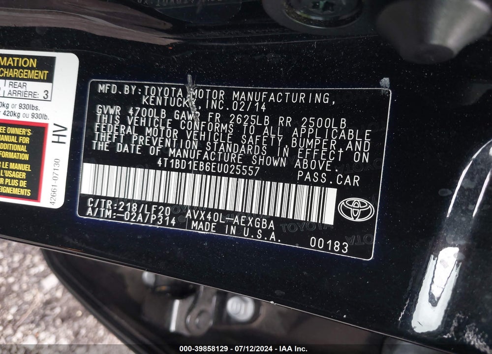 2014 TOYOTA AVALON HYBRID XLE PREMIUM VIN: 4T1BD1EB6EU025557