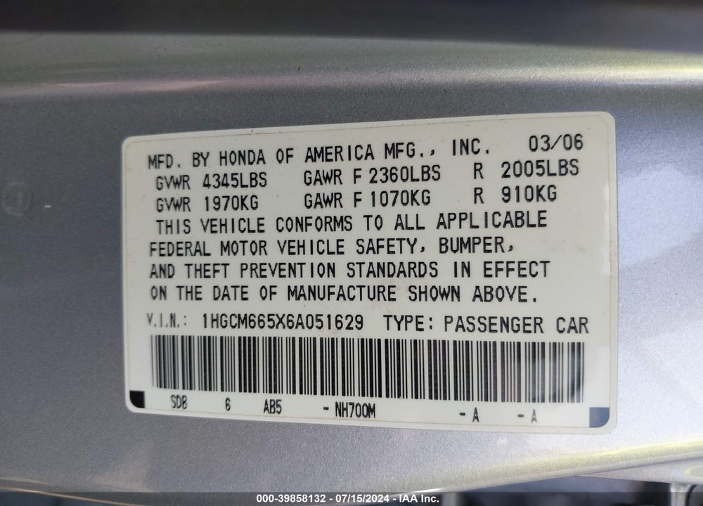 2006 HONDA ACCORD 3.0 EX VIN: 1HGCM665X6A051629