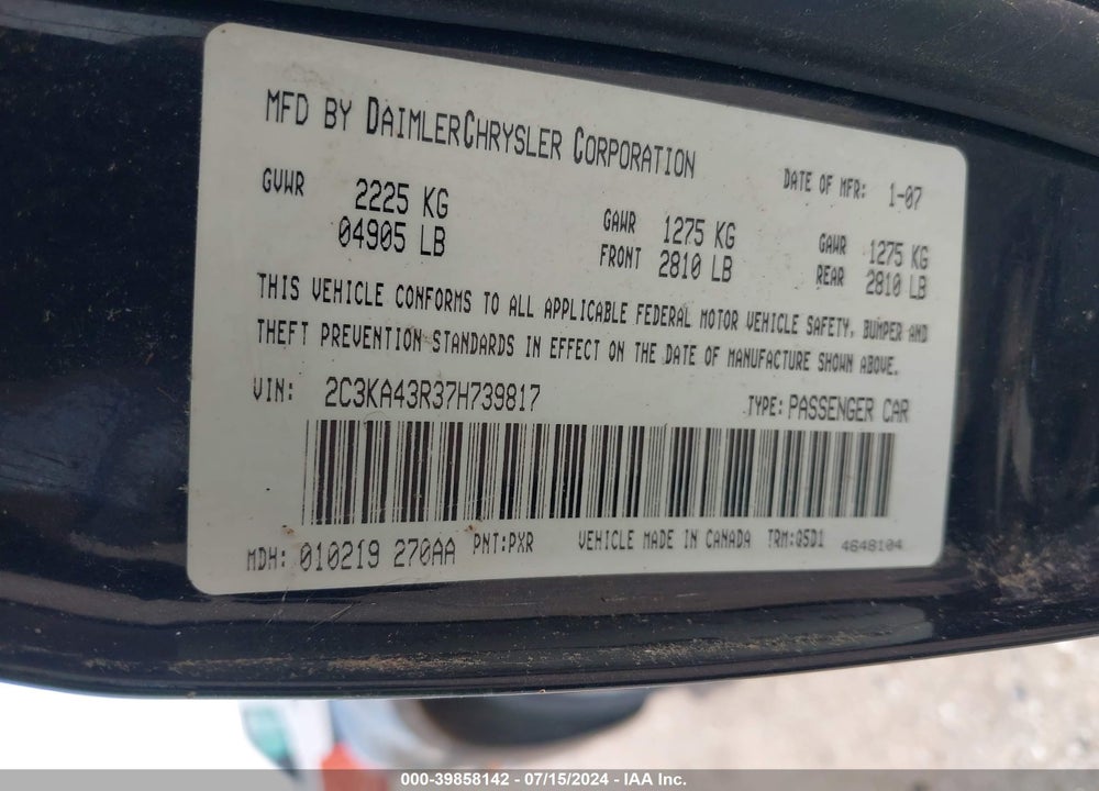 2007 CHRYSLER 300 VIN: 2C3KA43R37H739817
