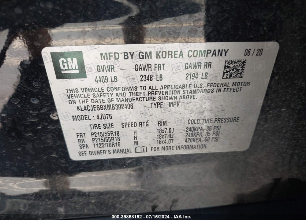 2021 BUICK ENCORE AWD PREFERRED VIN: KL4CJESBXMB302406