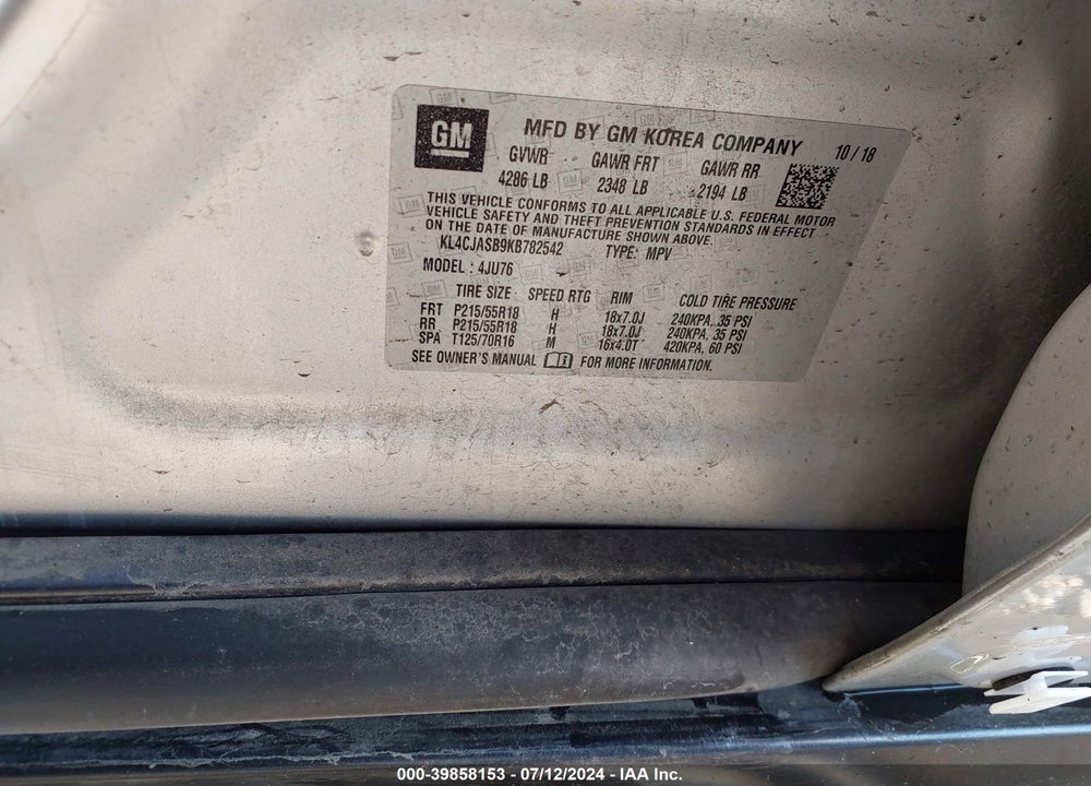 2019 BUICK ENCORE VIN: KL4CJASB9KB782542