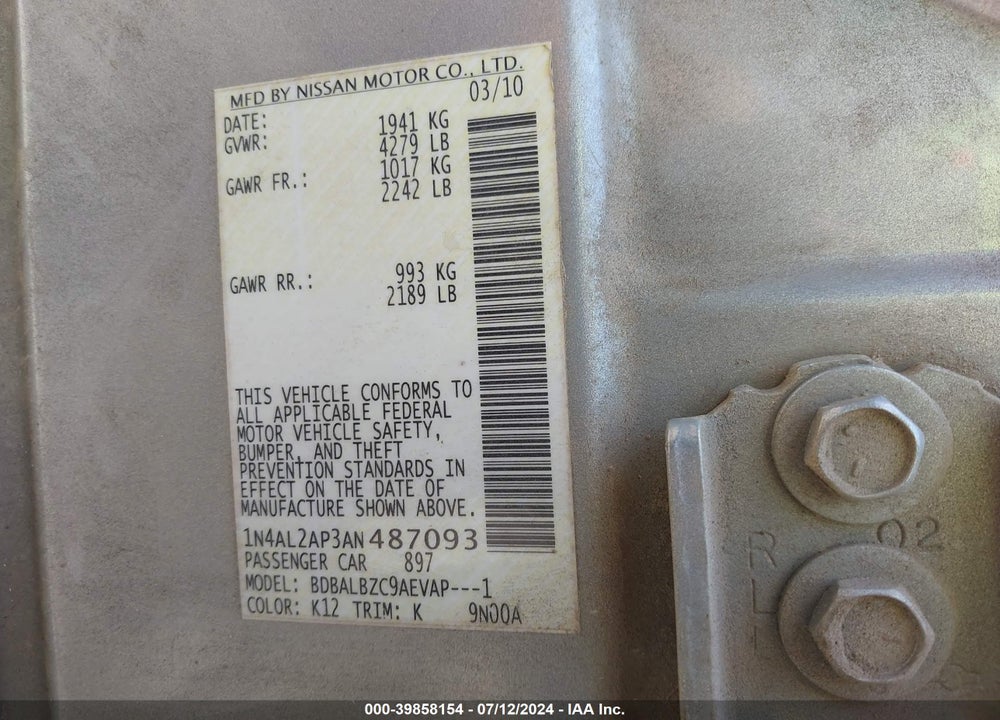 2010 NISSAN ALTIMA 2.5 S VIN: 1N4AL2AP3AN487093