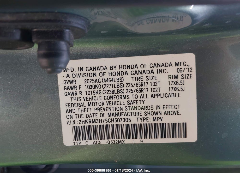 2012 HONDA CR-V EX-L VIN: 2HKRM3H75CH507305