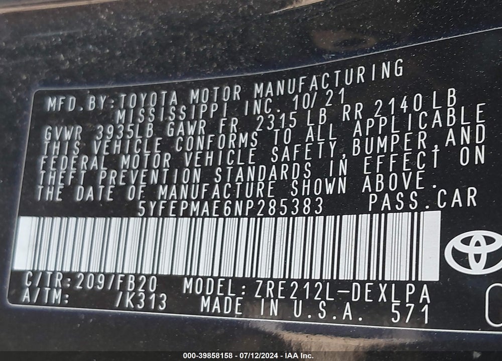 2022 TOYOTA COROLLA LE VIN: 5YFEPMAE6NP285383