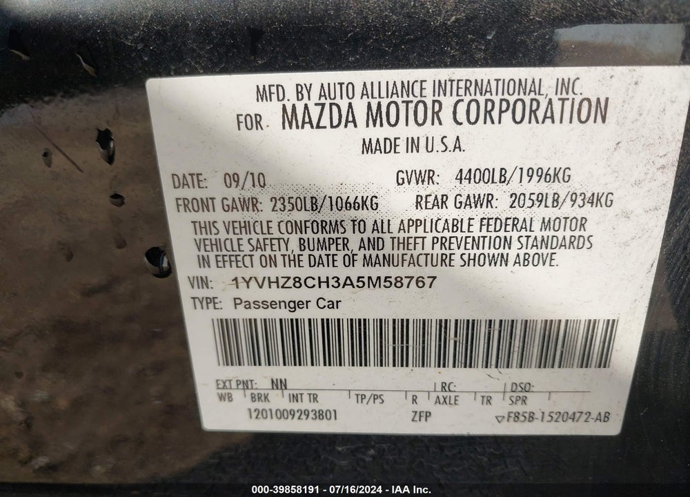 2010 MAZDA 6 I TOURING VIN: 1YVHZ8CH3A5M58767