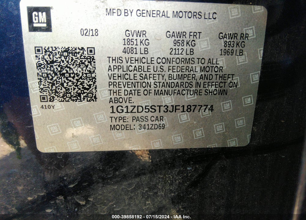 2018 CHEVROLET MALIBU LT VIN: 1G1ZD5ST3JF187774