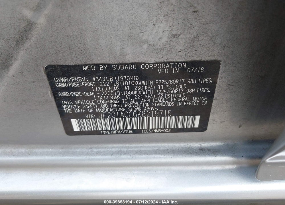 2019 SUBARU CROSSTREK 2.0I PREMIUM VIN: JF2GTACC6K8219715